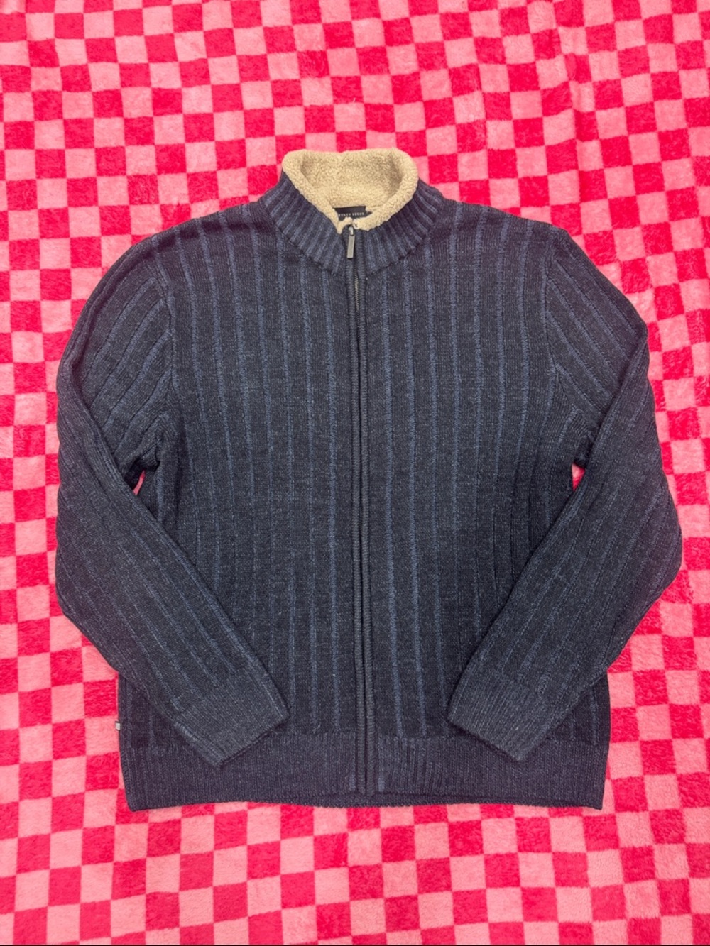 Geoffrey Beene Men's Navy Ribbed Full-Zip Sweater with Cream Sherpa Collar